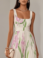 Marie | Weißes Faltenblumen Chiffon Maxi Kleid