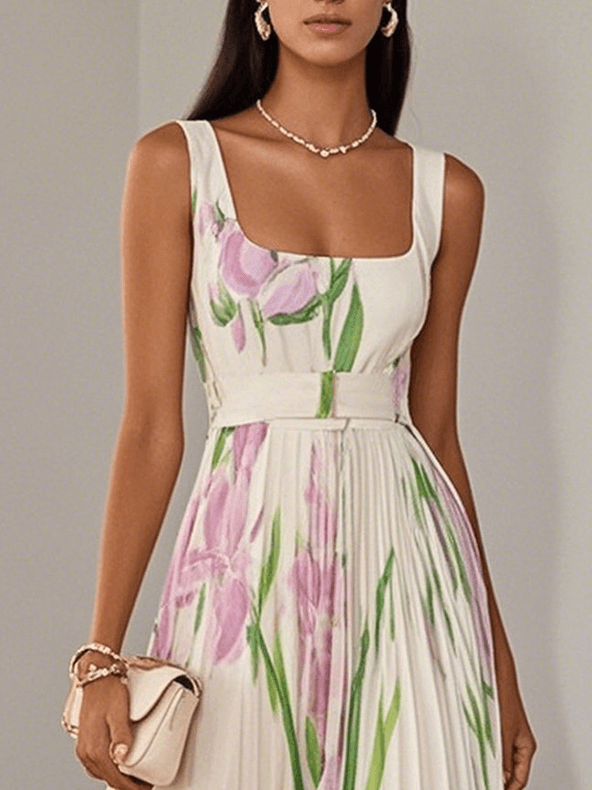Marie | Weißes Faltenblumen Chiffon Maxi Kleid