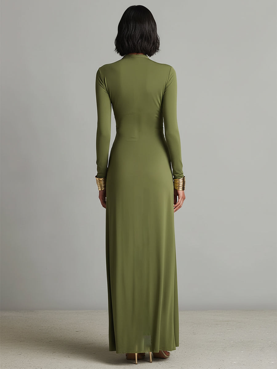Sofia | Oliv Seide Maxikleid Tiefer V-Ausschnitt