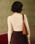 Beige Ribbed Knit Top with Mock Neck