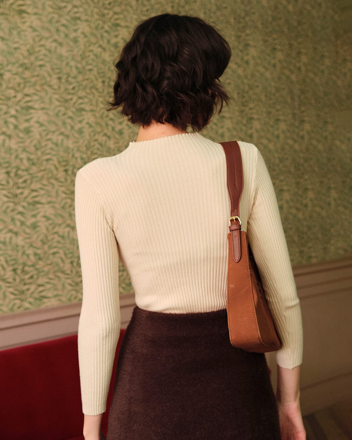 Beige Ribbed Knit Top with Mock Neck