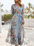 Mila - Blaues V-Ausschnitt Midi-Kleid mit kurzen Ärmeln