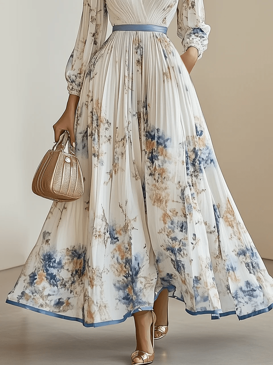 Amalia | Weißes Floral Chiffon Ballonärmel Maxikleid