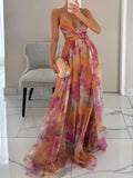 Karen | Gemaltes Blumenmuster V-Ausschnitt Maxikleid
