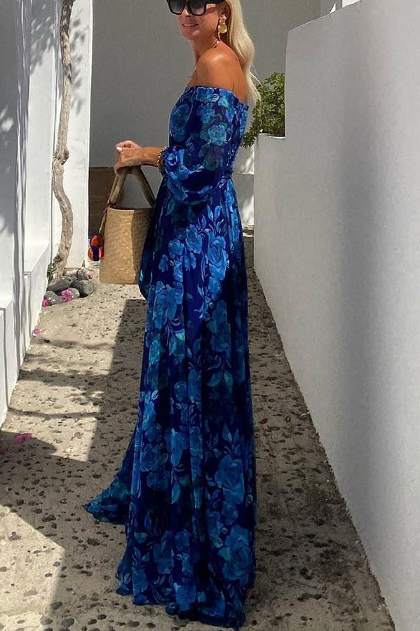Francesca - Langes Kleid mit floralem Muster und schulterfreien Ärmeln