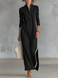 Laura | Sweat Maxikleid Knopfkragen Weißer Saum