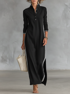 Laura | Sweat Maxikleid Knopfkragen Weißer Saum