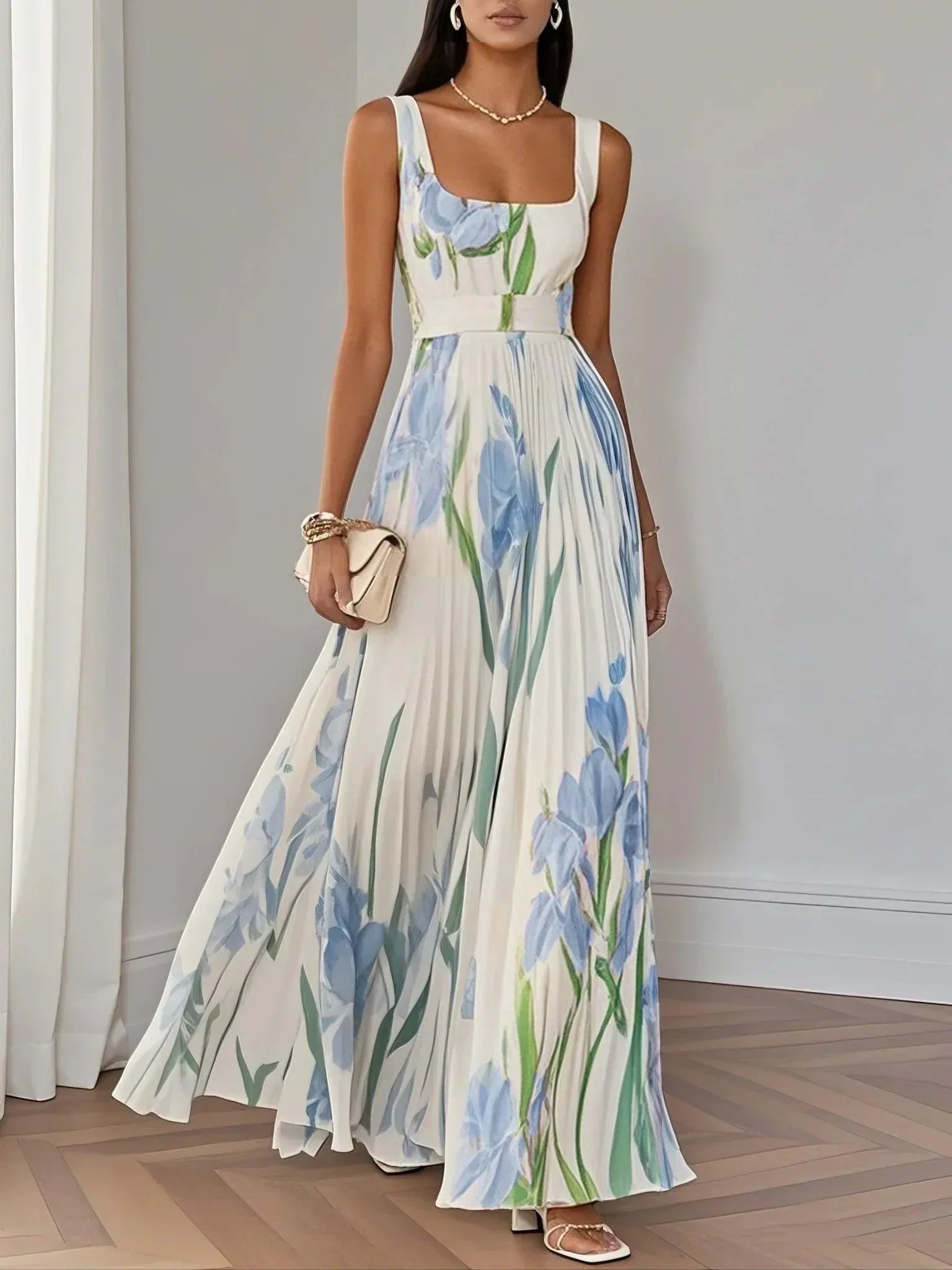 Marie | Weißes Faltenblumen Chiffon Maxi Kleid