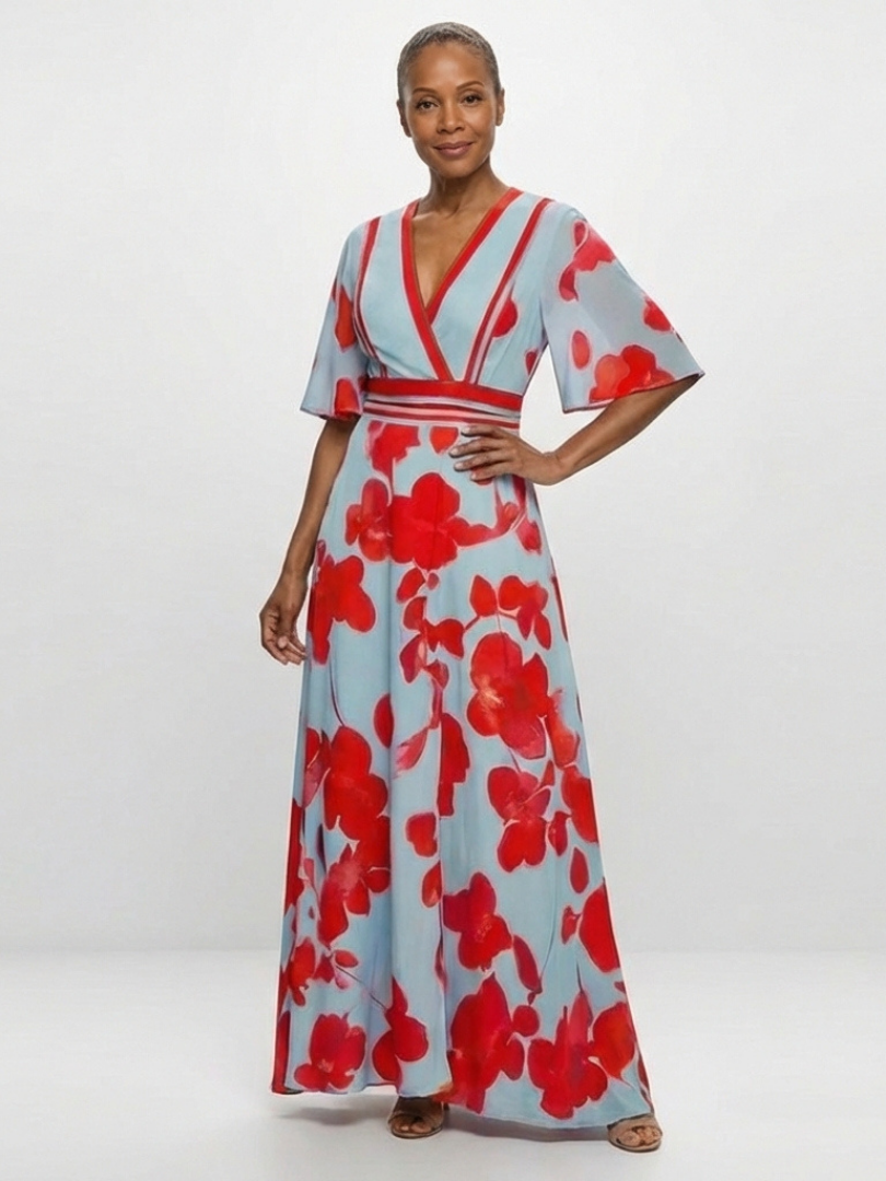 Corinne | V-Ausschnitt Kurzarm Blumen Maxikleid