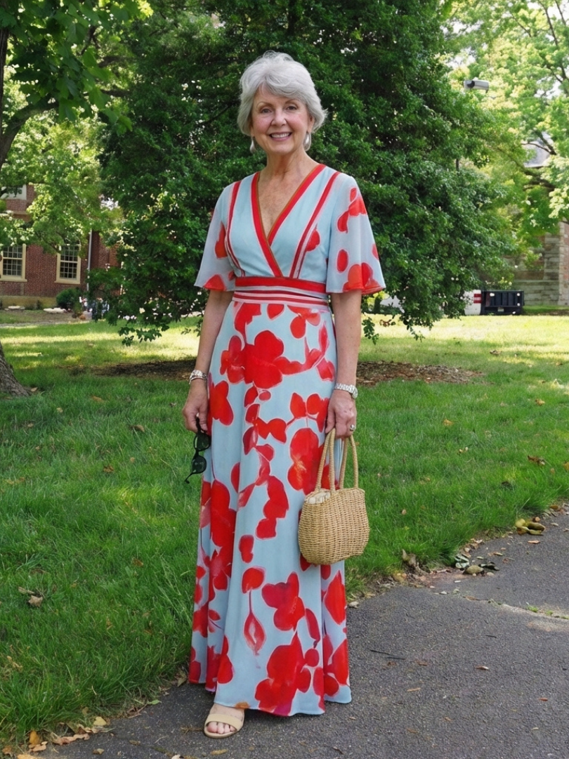 Corinne | V-Ausschnitt Kurzarm Blumen Maxikleid