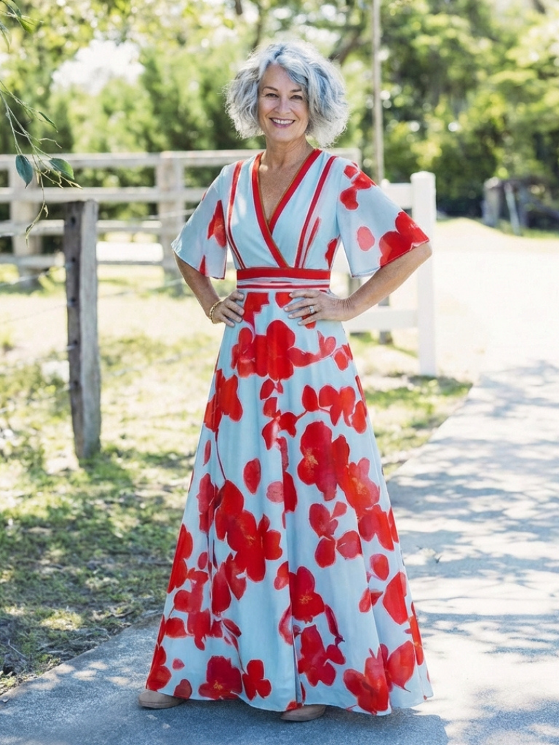 Corinne | V-Ausschnitt Kurzarm Blumen Maxikleid