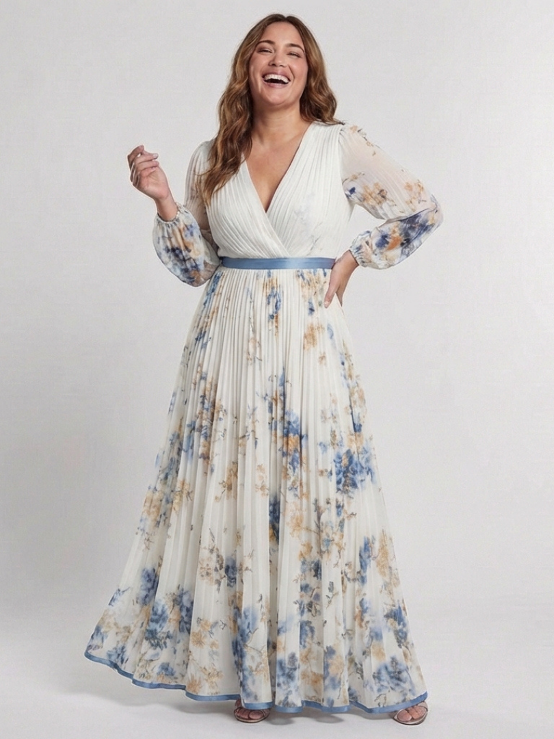 Lavinia | Maxikleid mit langen Ärmeln und V-Ausschnitt in Blumenmuster
