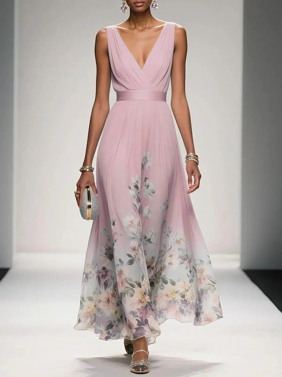 Rose | Hellblaues Floral Chiffon V-Ausschnitt Maxikleid