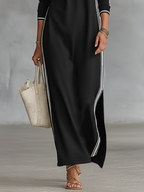 Laura | Sweat Maxikleid Knopfkragen Weißer Saum