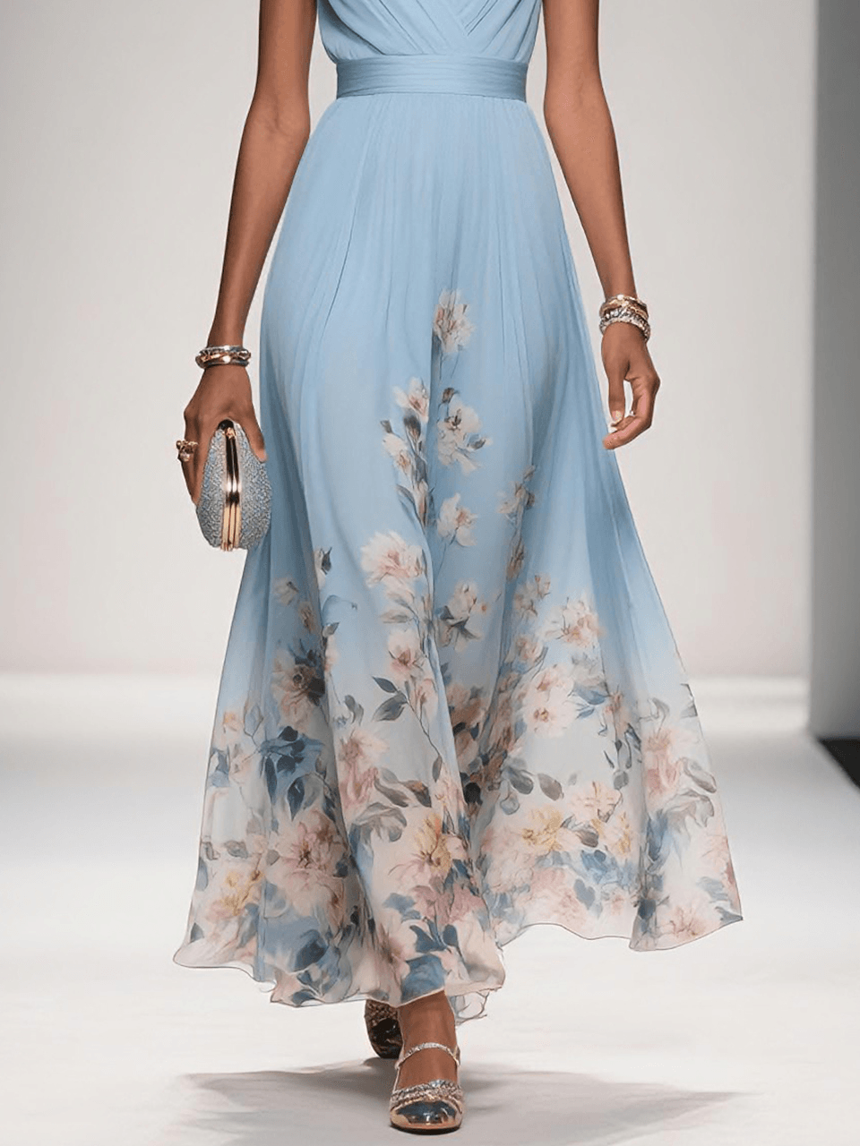 Rose | Hellblaues Floral Chiffon V-Ausschnitt Maxikleid