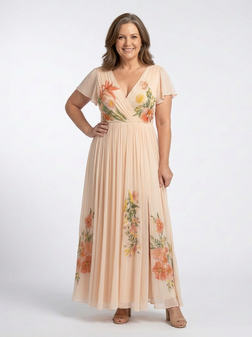 Calista | V-Ausschnitt Kurzarm Falten Maxi Kleid