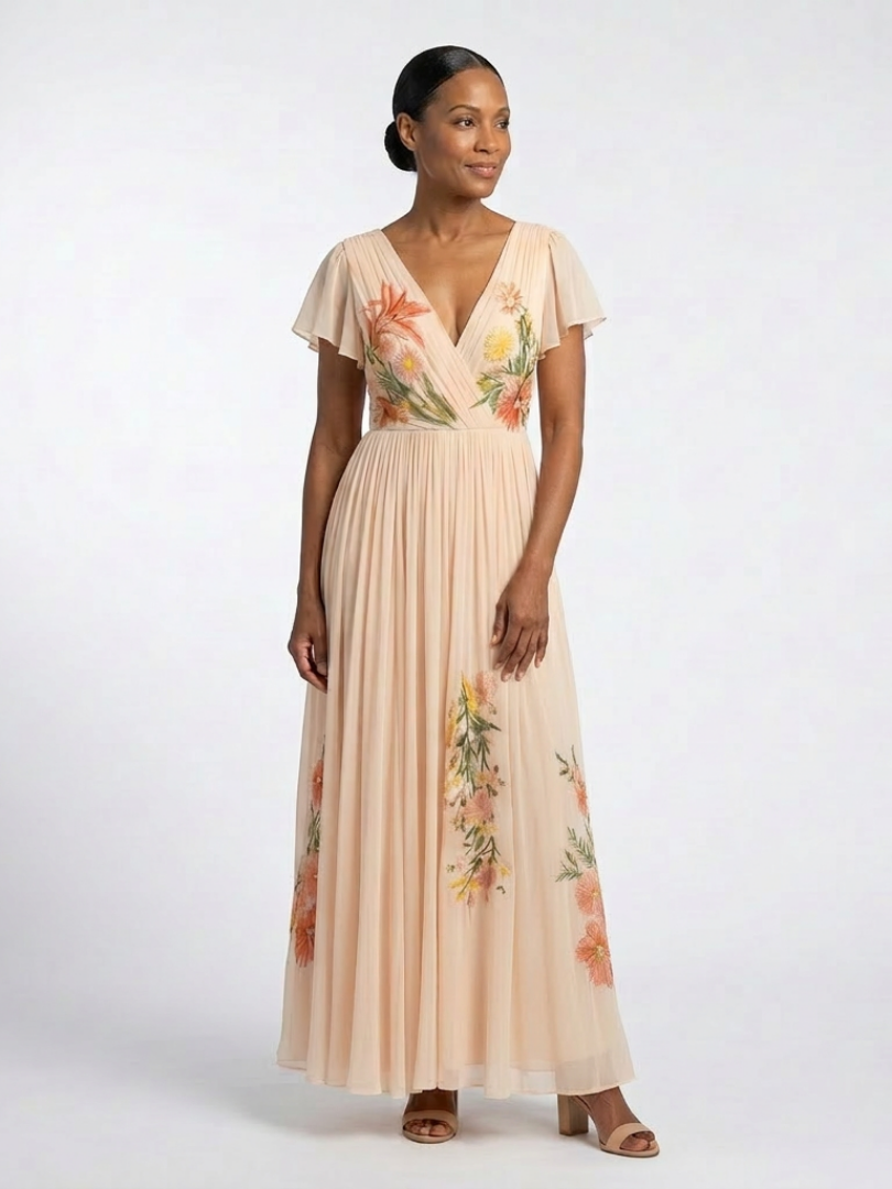 Calista | V-Ausschnitt Kurzarm Falten Maxi Kleid