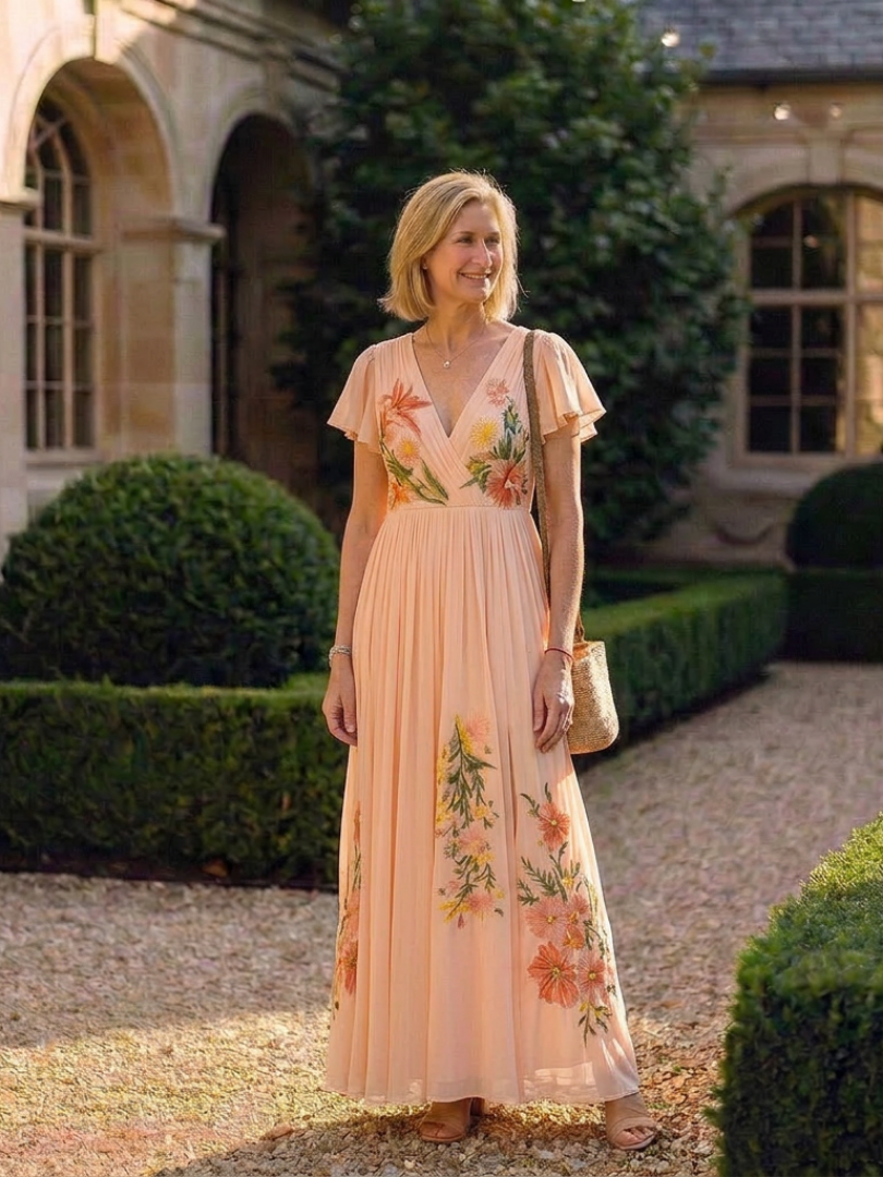Calista | V-Ausschnitt Kurzarm Falten Maxi Kleid