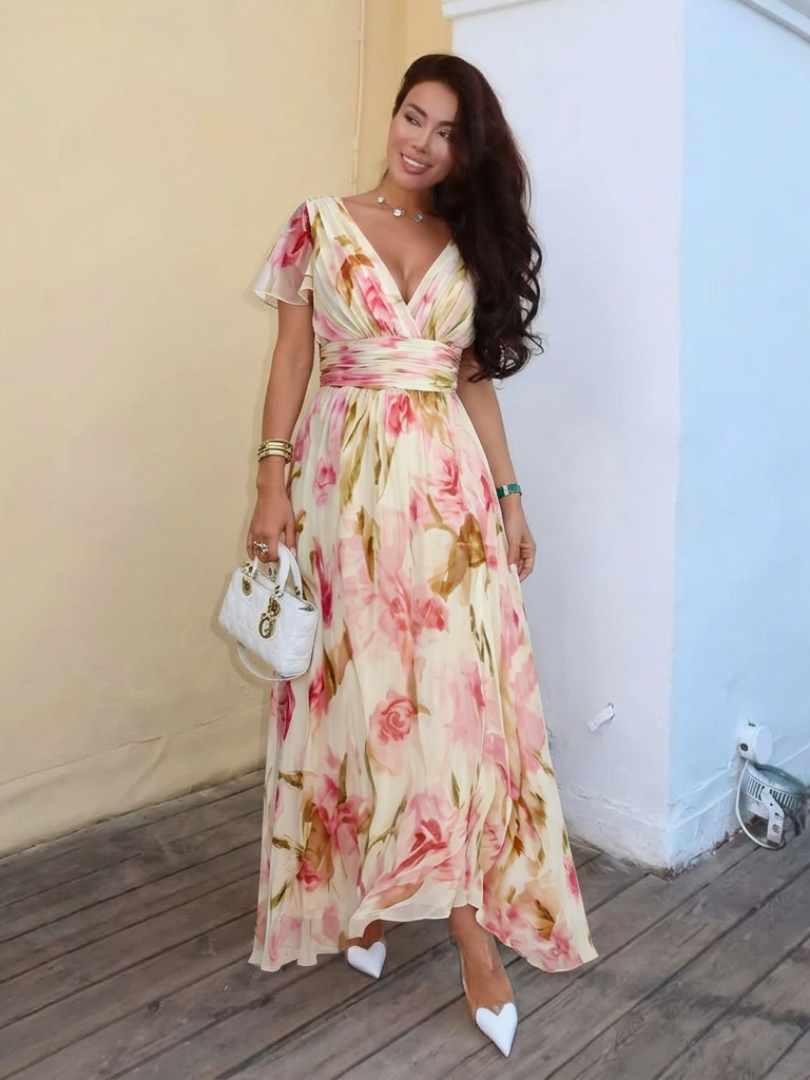 Elara | V-Ausschnitt Kurzarm Blüten Maxi Kleid