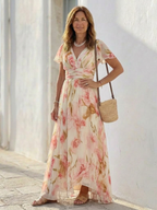 Elara | V-Ausschnitt Kurzarm Blüten Maxi Kleid
