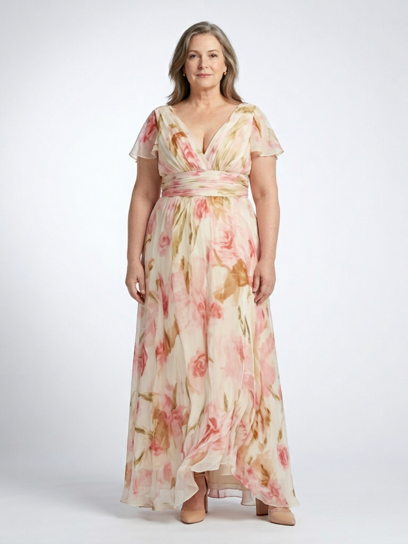 Elara | V-Ausschnitt Kurzarm Blüten Maxi Kleid
