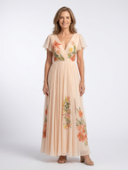 Calista | V-Ausschnitt Kurzarm Falten Maxi Kleid