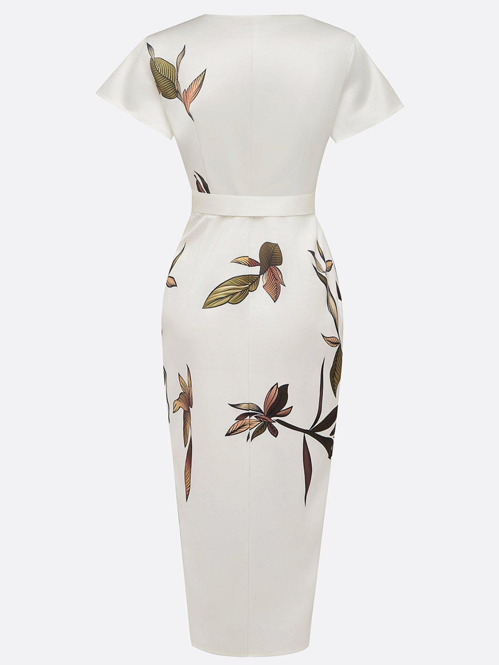 Judy | Weißes Leaf Kurzarm Satin Midi Kleid