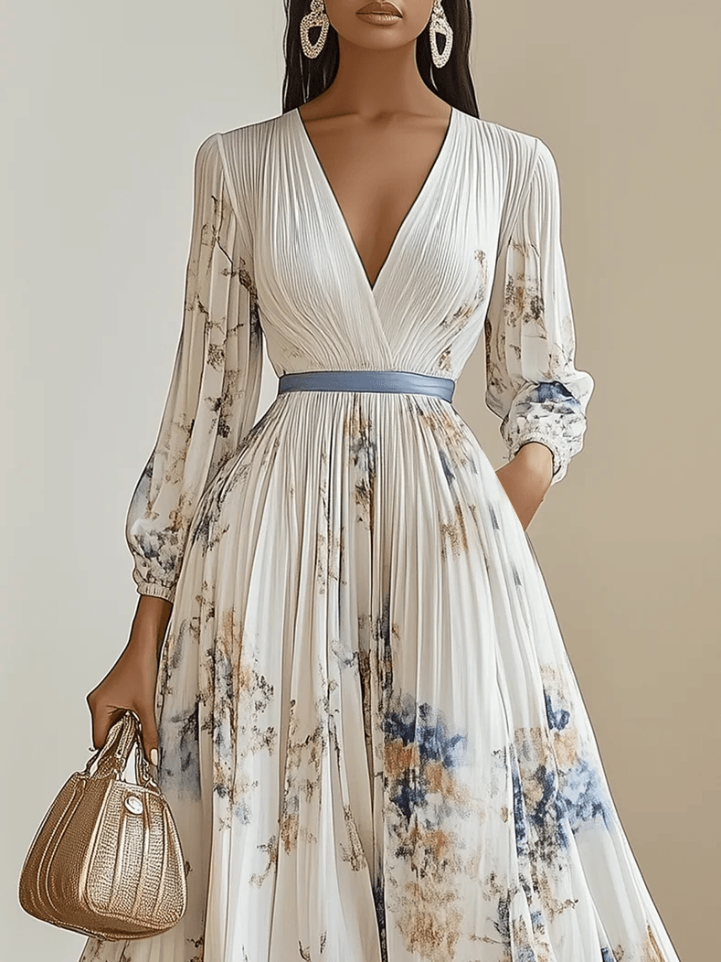 Amalia | Weißes Floral Chiffon Ballonärmel Maxikleid