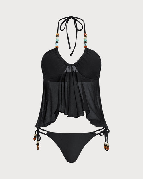 Black Halter Neck Low-Waisted Tankini Set