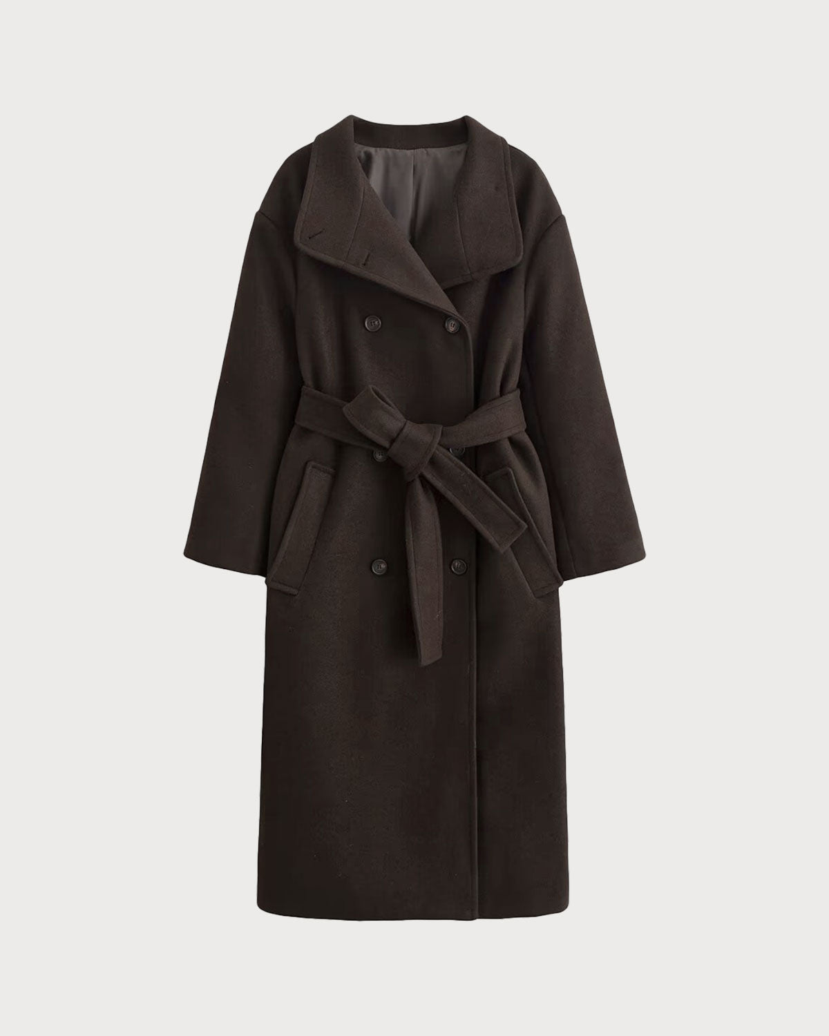Coffee-Colored Belted Trench Coat with Pockets