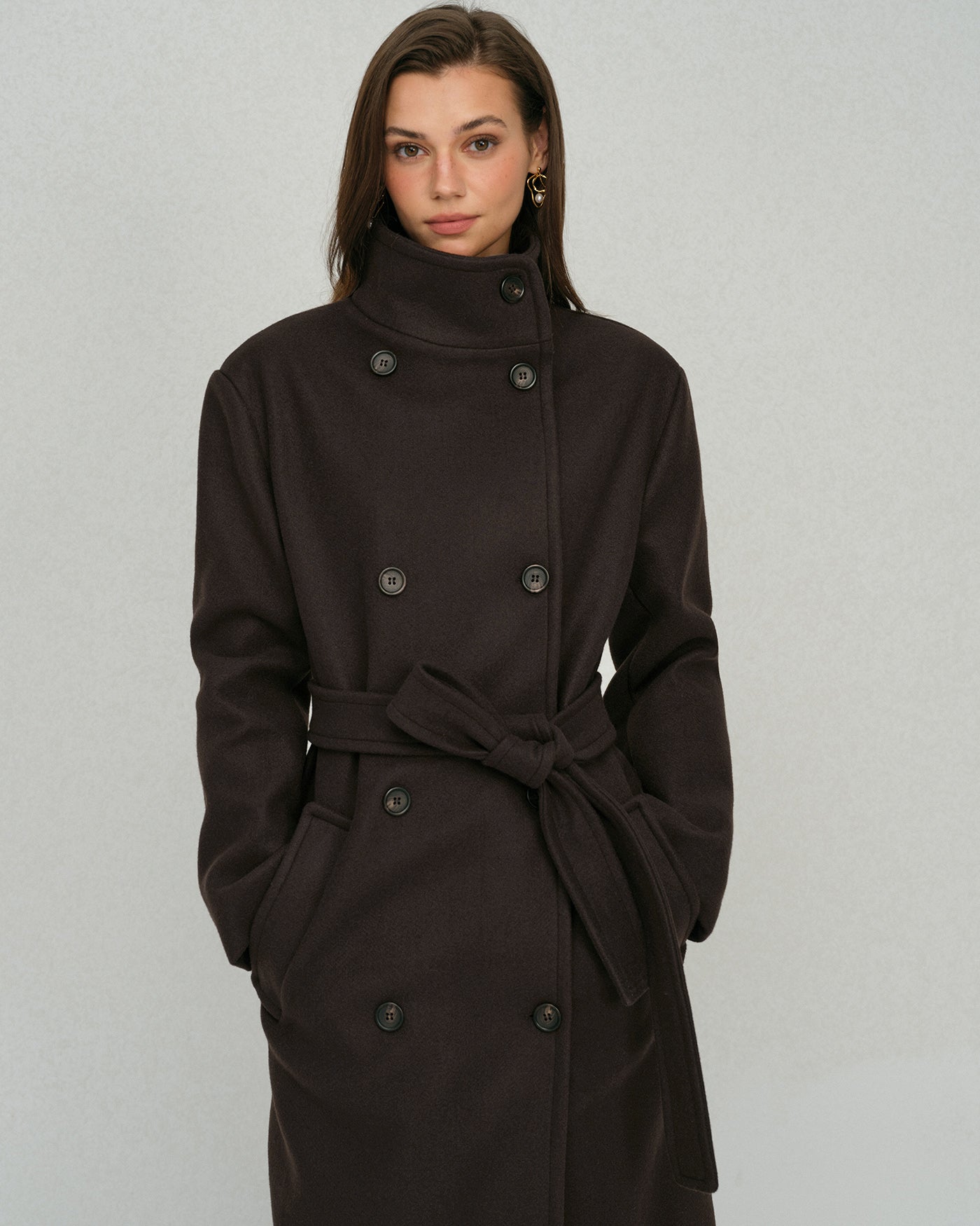 Coffee-Colored Belted Trench Coat with Pockets