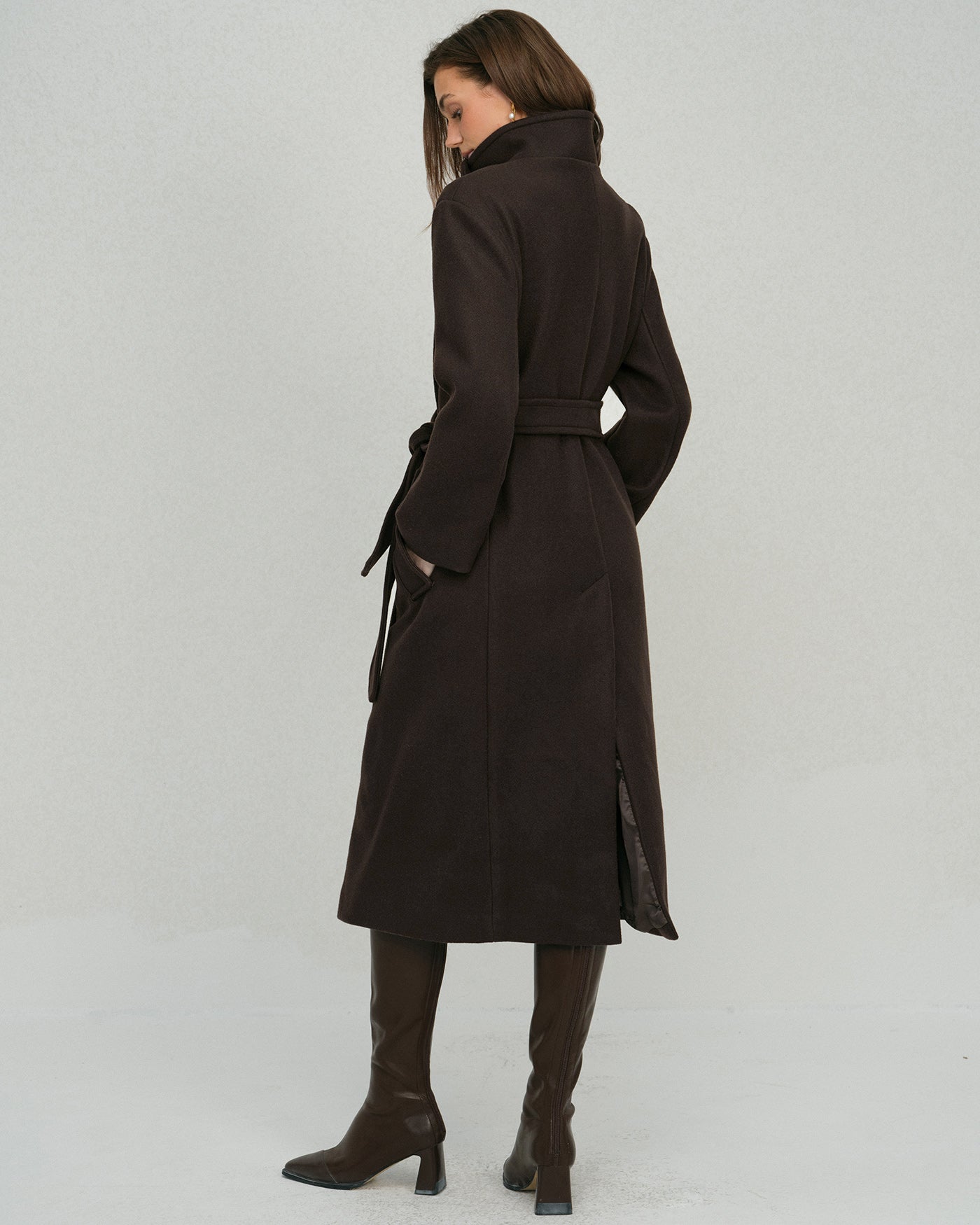 Coffee-Colored Belted Trench Coat with Pockets