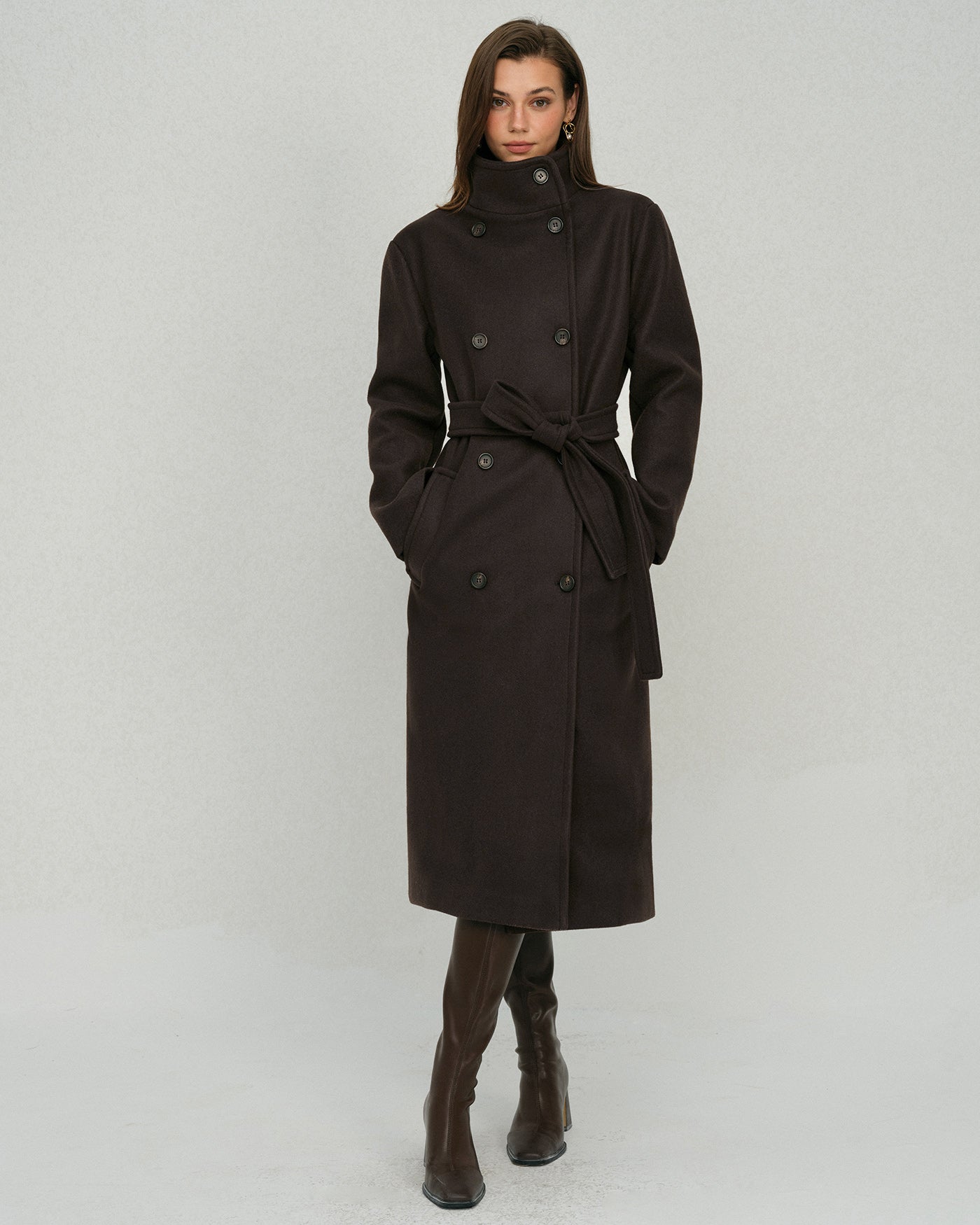 Coffee-Colored Belted Trench Coat with Pockets