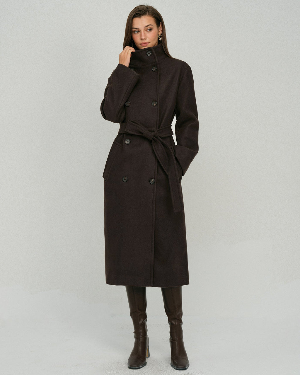 Coffee-Colored Belted Trench Coat with Pockets