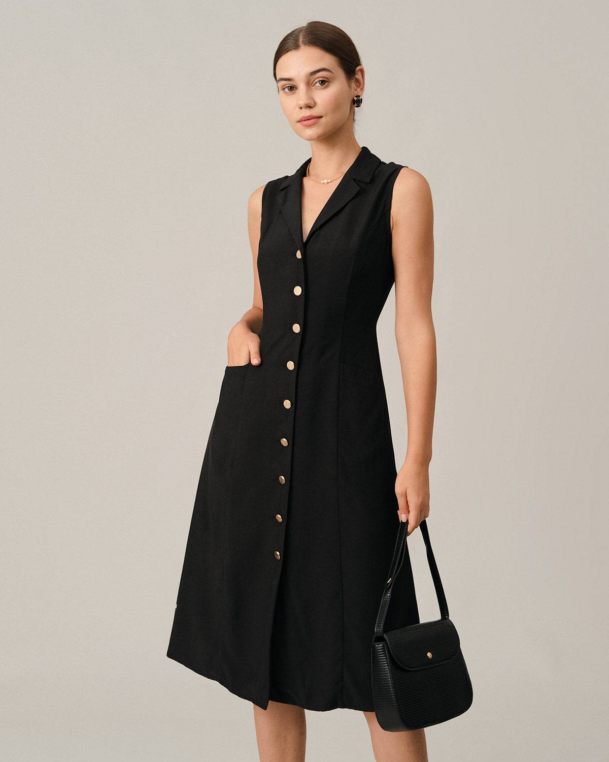 Black V-Neck Midi Tunic Dress