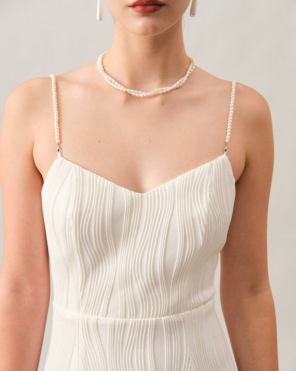 Wave-Patterned Pearl Strap Midi Dress