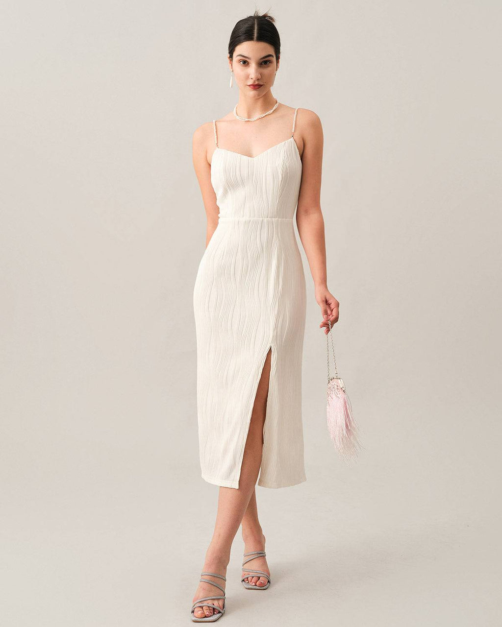 Wave-Patterned Pearl Strap Midi Dress