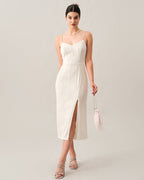 Wave-Patterned Pearl Strap Midi Dress
