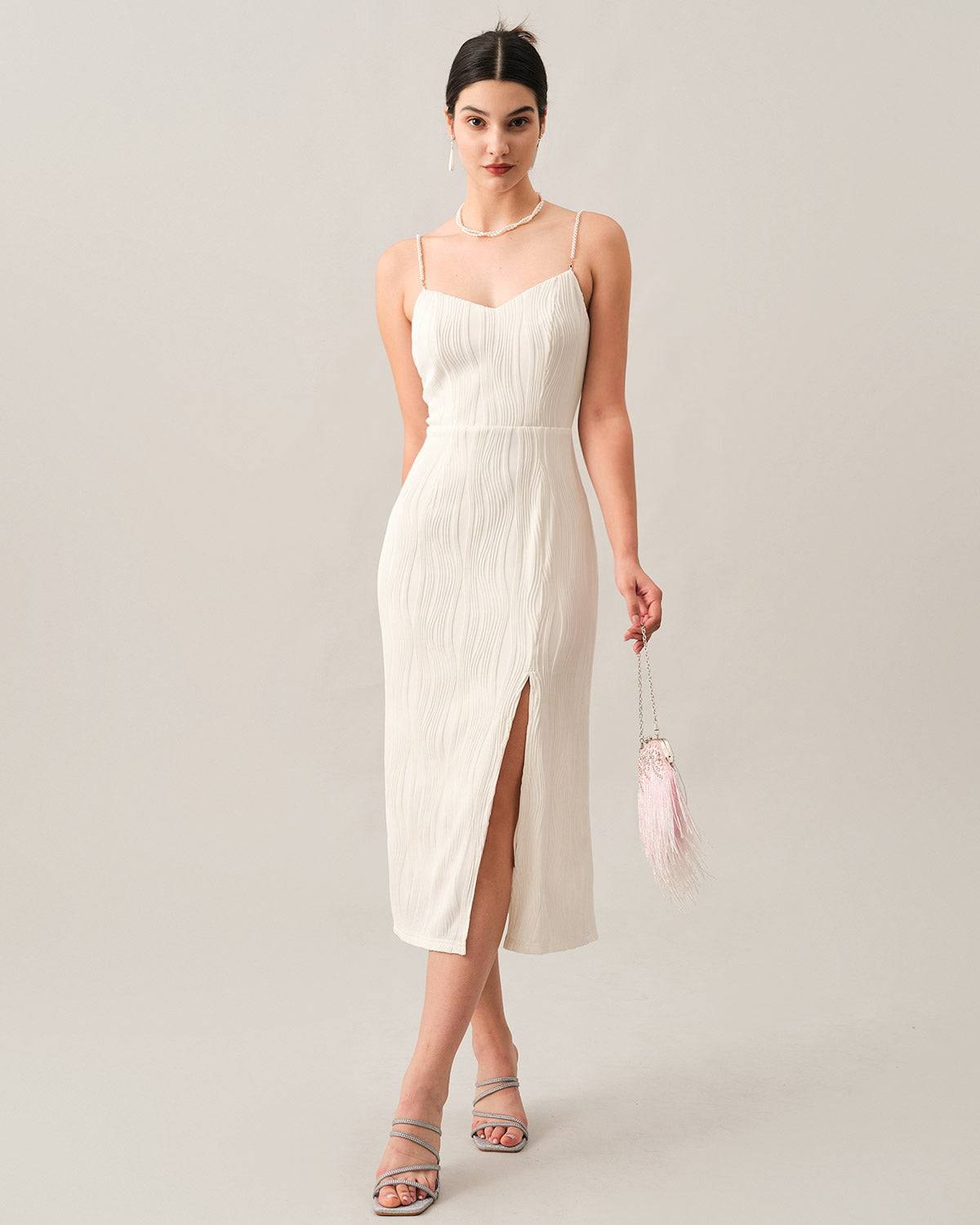 Wave-Patterned Pearl Strap Midi Dress