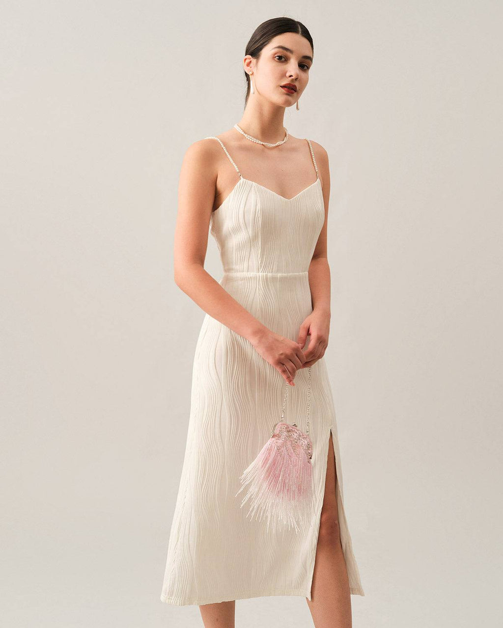 Wave-Patterned Pearl Strap Midi Dress