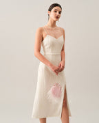 Wave-Patterned Pearl Strap Midi Dress