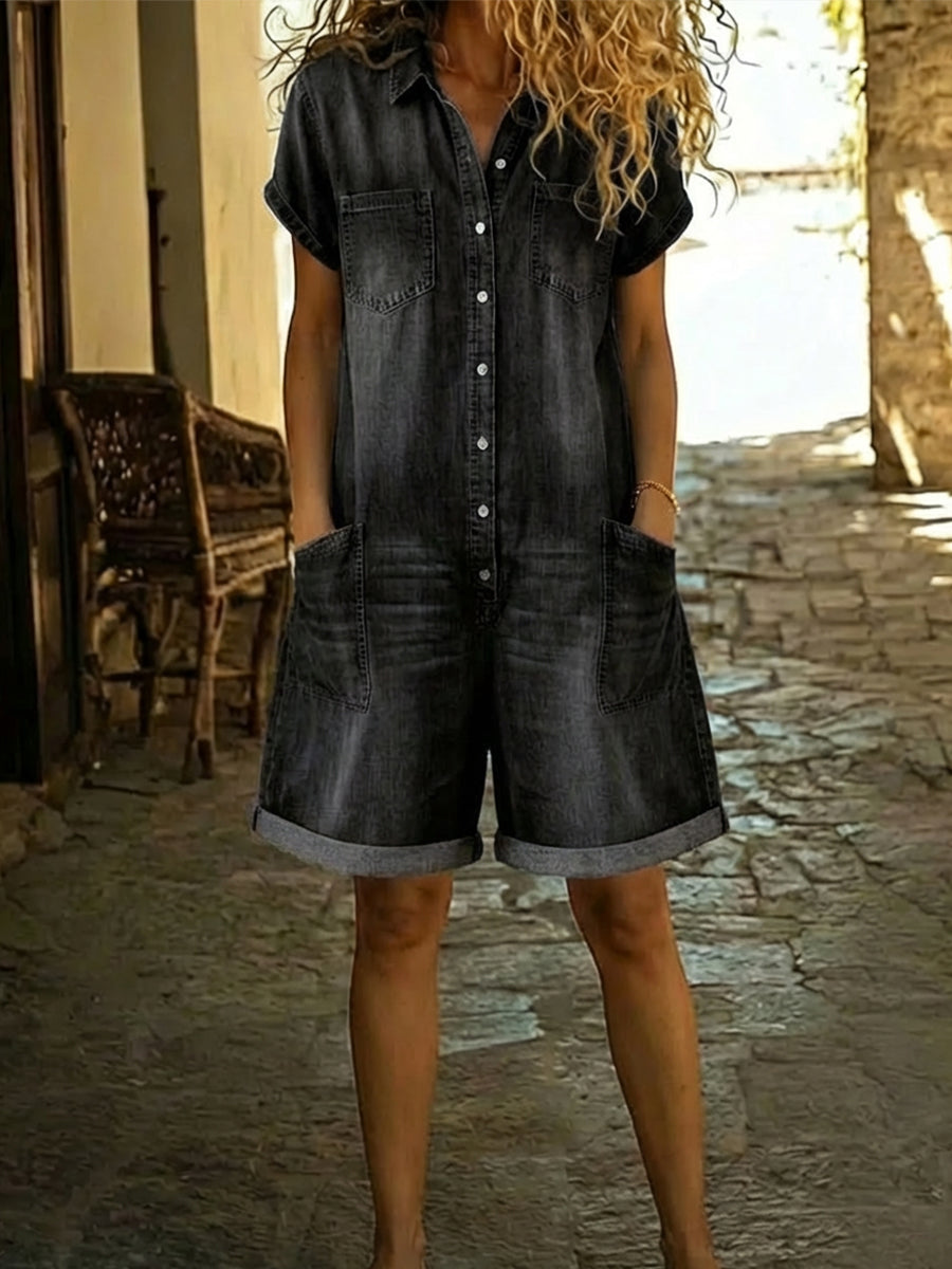 Lila - Lässiger Baumwoll-Denim-Overall Shorts