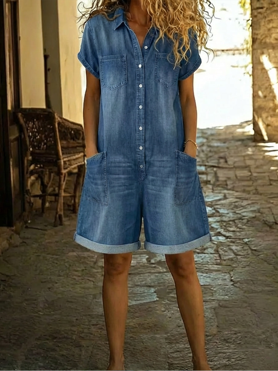Lila - Lässiger Baumwoll-Denim-Overall Shorts