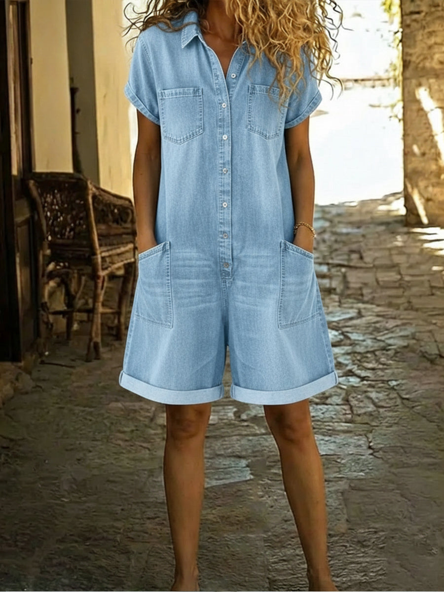 Lila - Lässiger Baumwoll-Denim-Overall Shorts