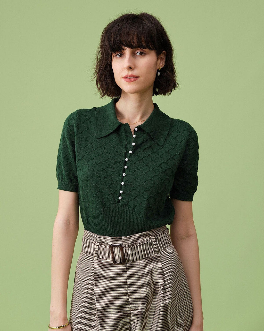 Textured Knit Tee with Short Sleeves and Lapel in Green