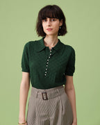Textured Knit Tee with Short Sleeves and Lapel in Green
