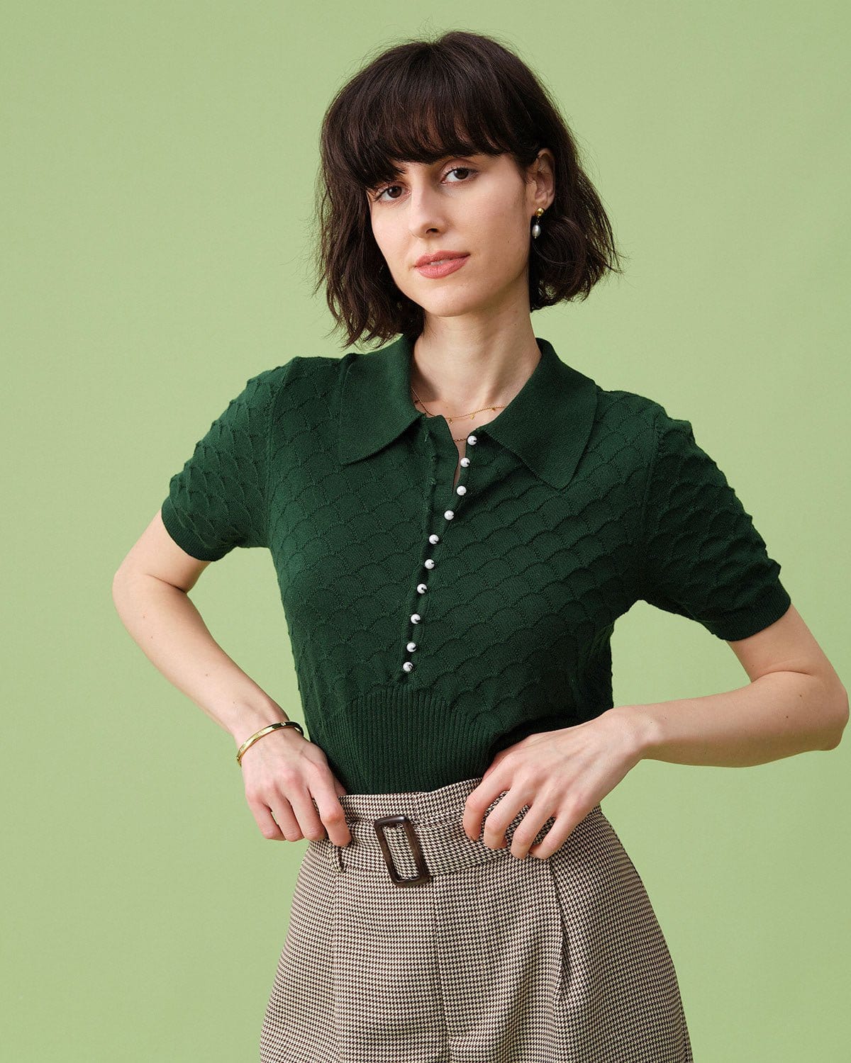 Textured Knit Tee with Short Sleeves and Lapel in Green