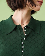 Textured Knit Tee with Short Sleeves and Lapel in Green
