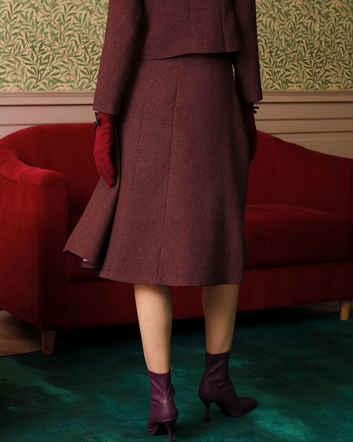Burgundy High-Waisted Tweed Skirt