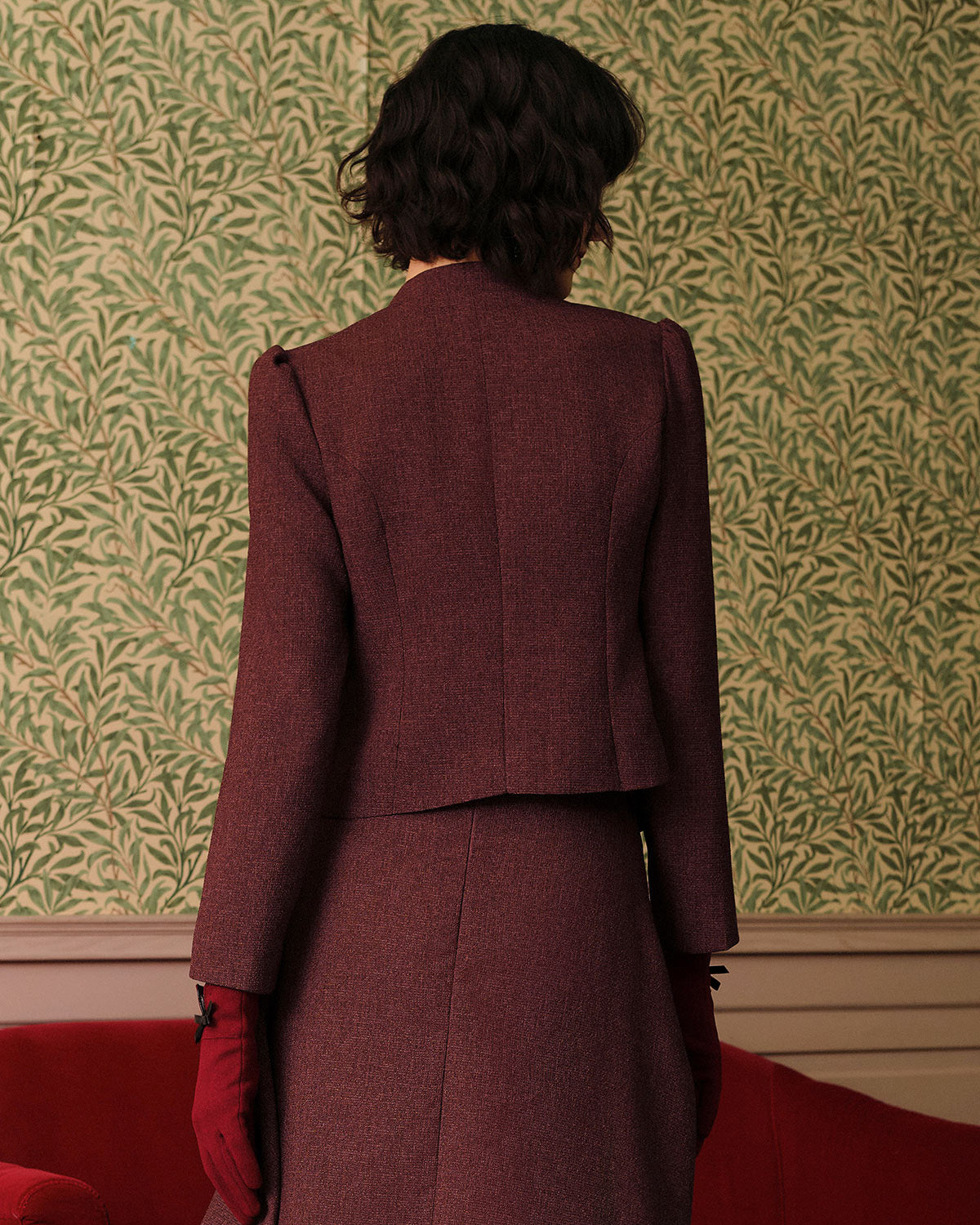Burgundy Vintage-Inspired Single-Breasted Tweed Blazer